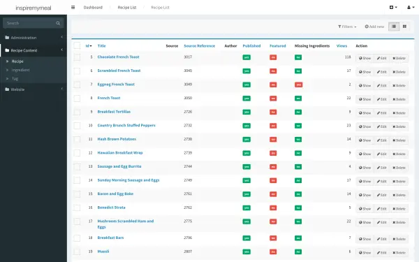 Recipe search engine - admin dashboard