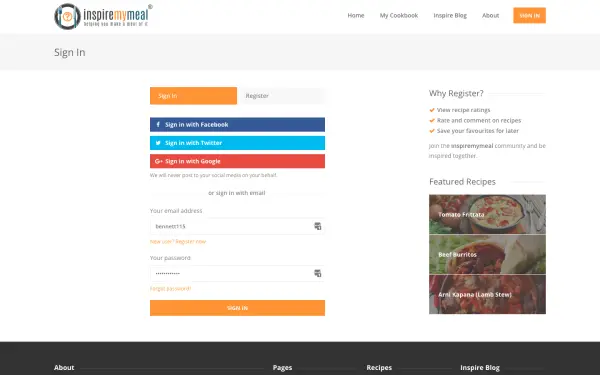 Recipe search engine - social sign-in